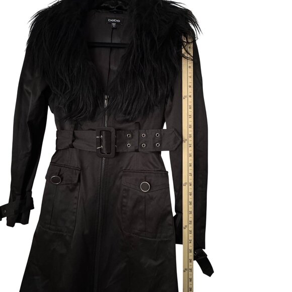 Bebe Black Trench Coat Real Fur Trim Collar Designer Zipper Belt Size XS - Picture 10 of 14